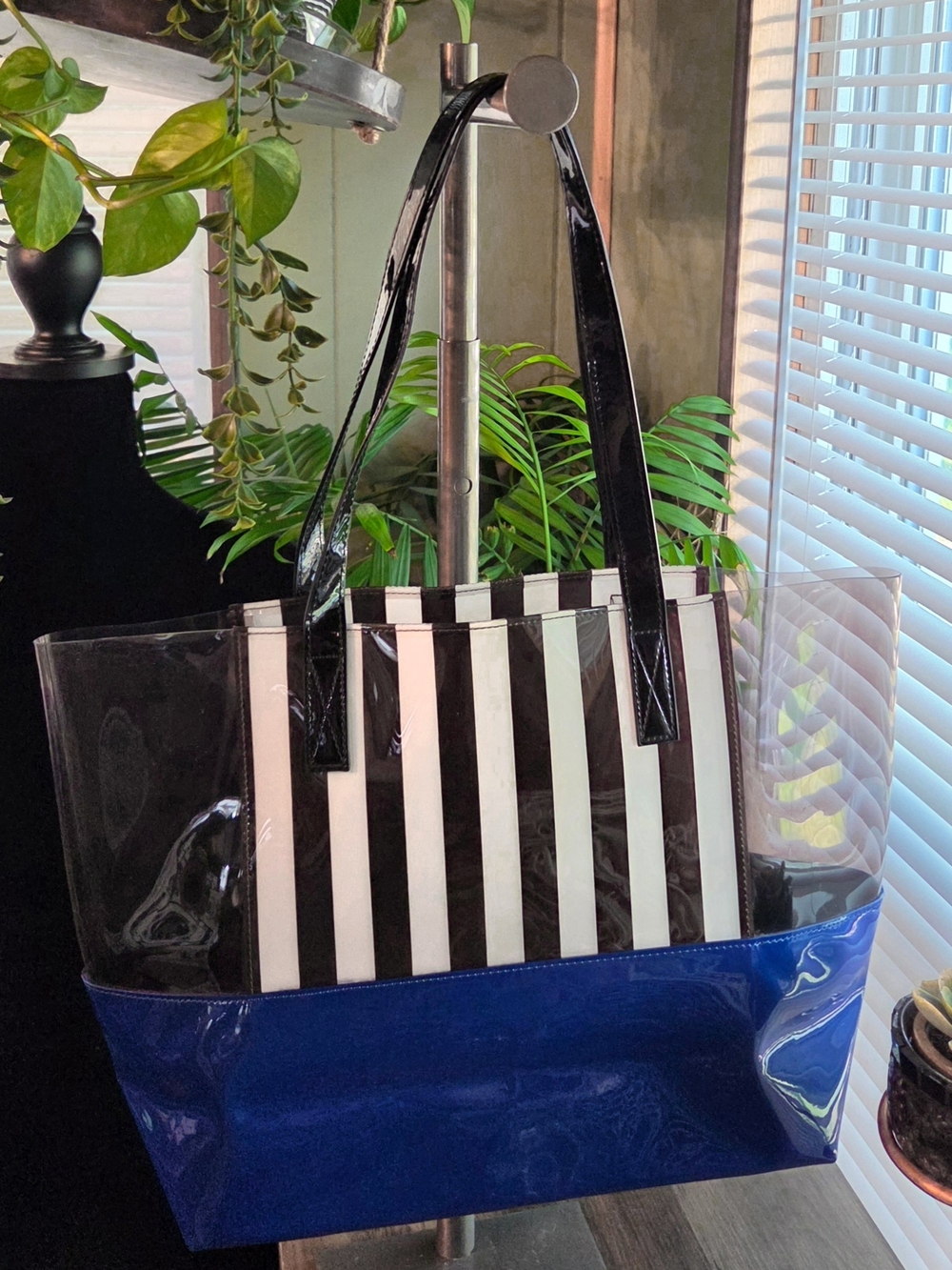 NWOT Henri Bendel New York Striped PVC Tote Bag Black Blue White Medium - Picture 3 of 5
